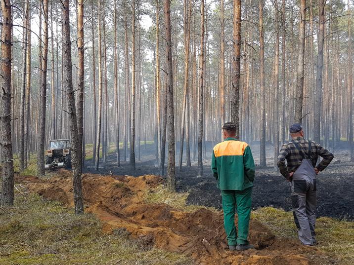 Pracownicy&#x20;Zakładu&#x20;Usług&#x20;Leśnych&#x20;stoją&#x20;przy&#x20;pożarzysku&#x2c;&#x20;w&#x20;tle&#x20;ciągnik&#x20;wyoruje&#x20;pas&#x20;ppoż&#x2e;